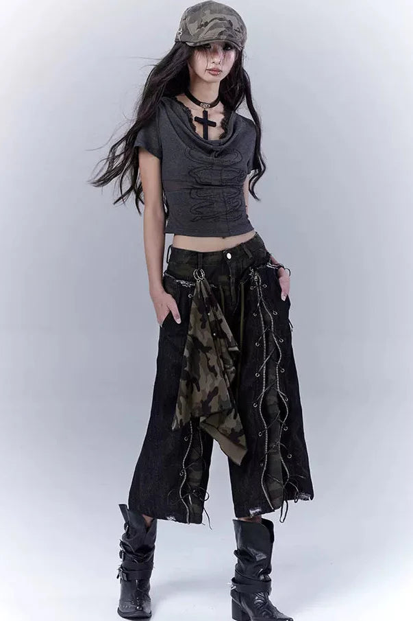 Camouflage Distressed Cropped Pants + Scarf