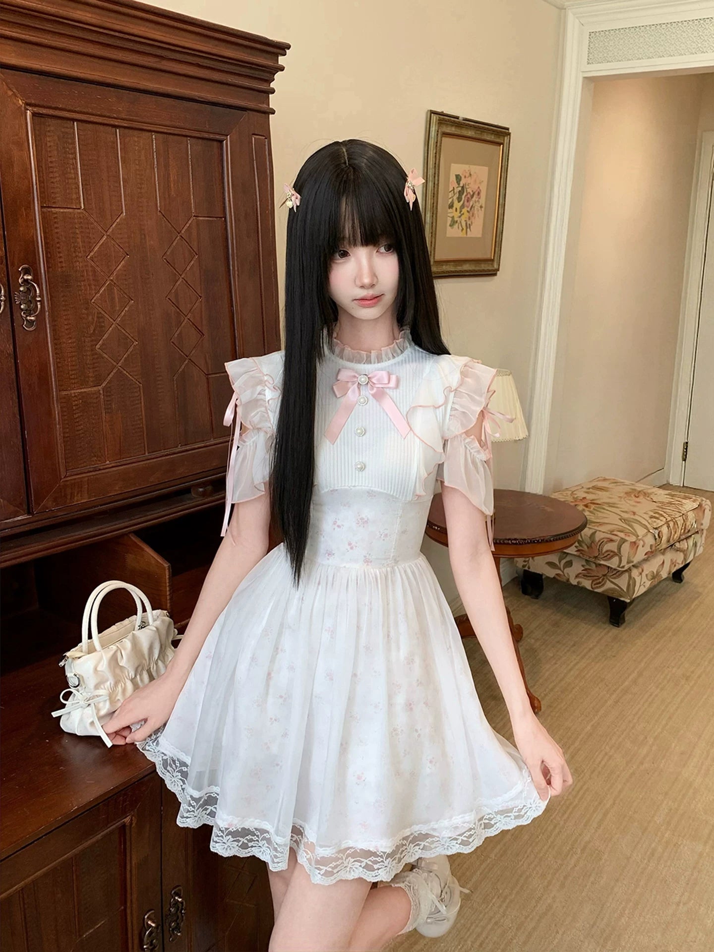 LaLa Sauce Misty Blossom Clear-Style Dreamy Floral Pearl Button-Up Dress with Pink Bow, Tiered Waist-Hugging Short Dress