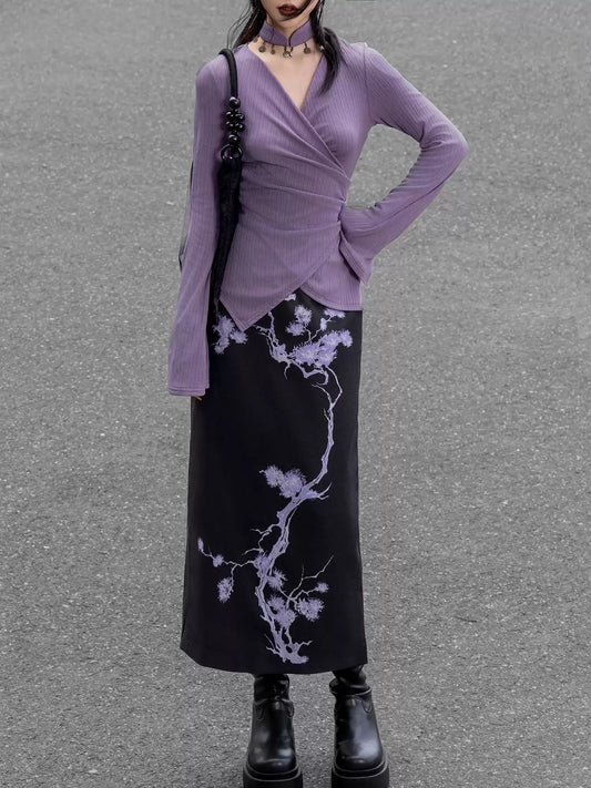 Purple Wrap Knitted Long-sleeved Top