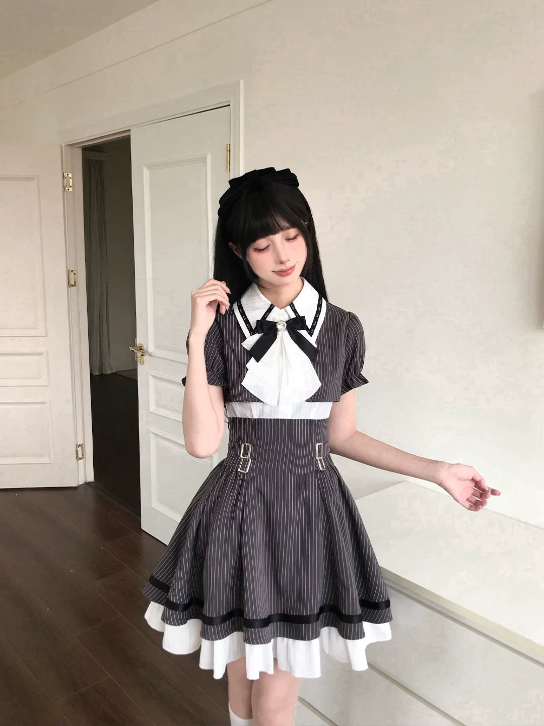 LaLa Sauce Striped “Top Student” Collegiate Sweet-Cool Striped Two-Piece-Look Dress Bubble Sleeves Waist-Defining Slimming Outfit