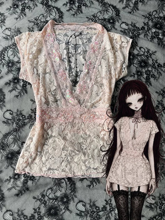 Pink Lace V-Neck Slimming Fitted Waist-Defining Short-Sleeve Top for Women, Summer Elegant Versatile Blouse