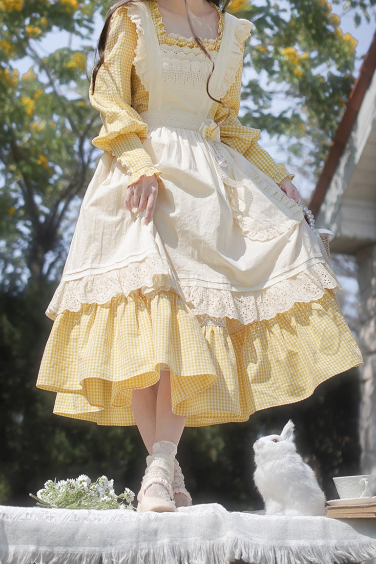 【Pre-order item】Retro Girly Yellow Dress + Apron + Ribbon