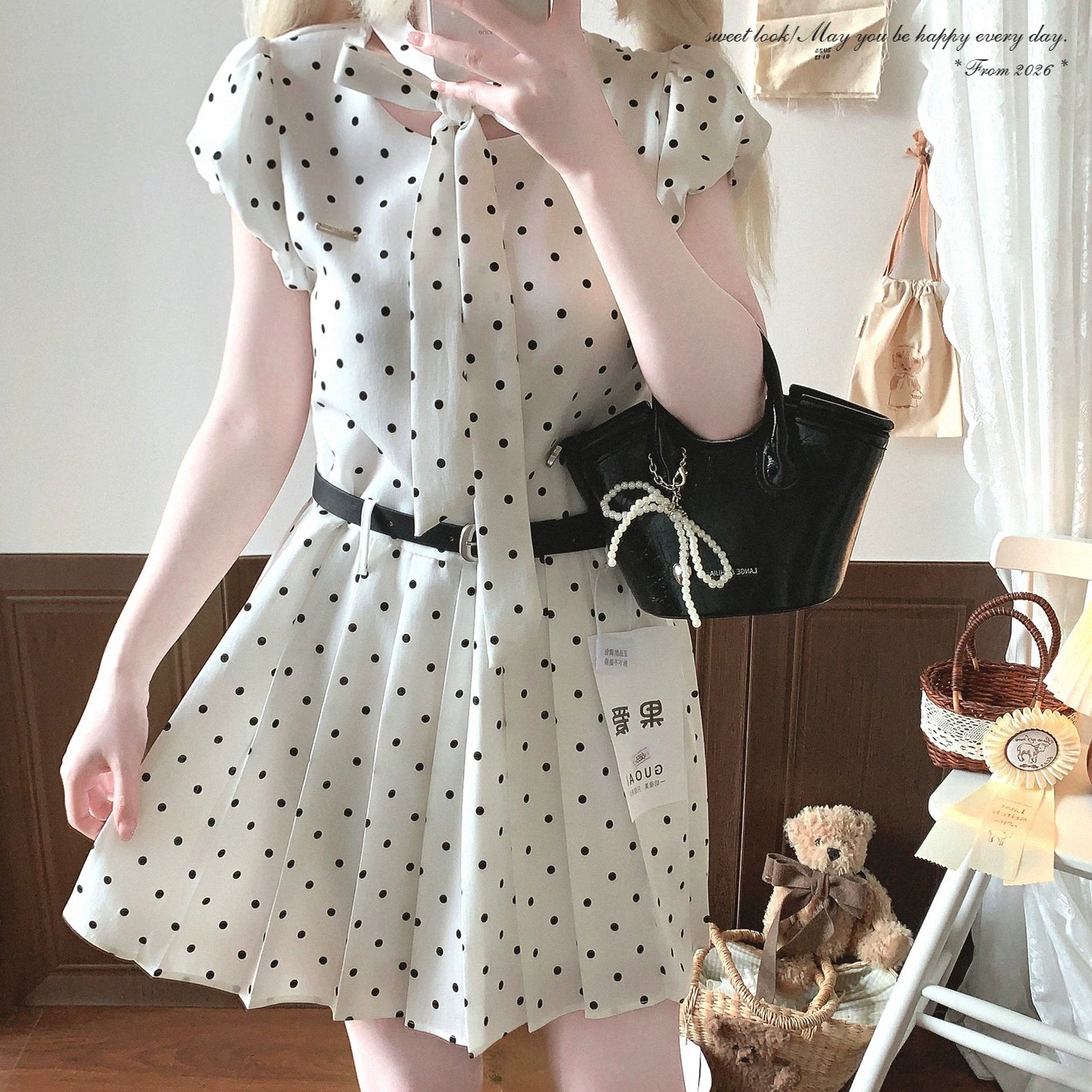 Last-Season Special Grey Retro Polka Dot Sweet Puff Sleeve Bowknot Pleated Midi Dress