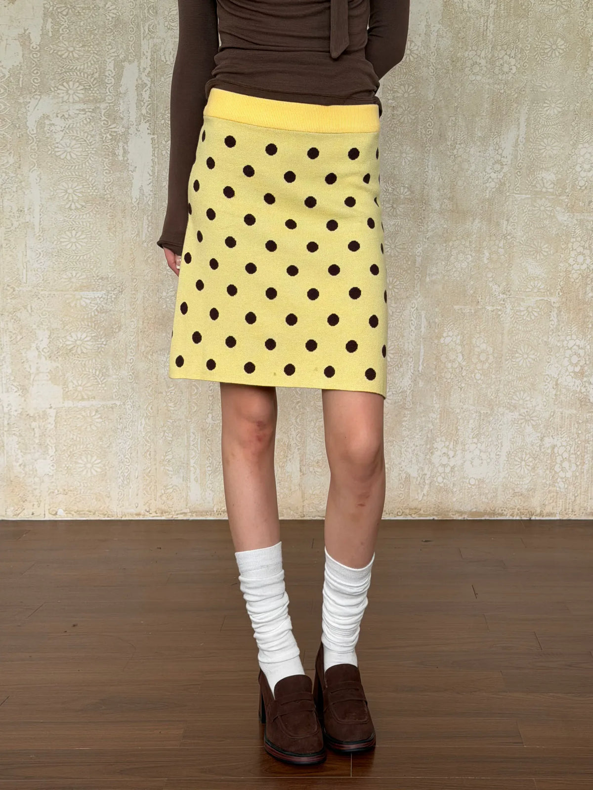 VintageTang French Vintage Polka Dot Knit Skirt, Autumn/Winter Slim-Fit Bodycon Straight Mini Skirt Hao Na 1 - 均码