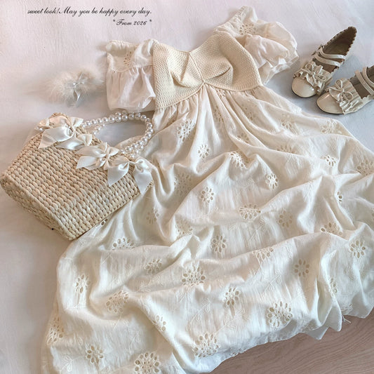 Last-Season Clearance muk*k Hollow Embroidered Floral Knit Panel One-Shoulder? Puff Sleeve Cotton Midi Dress