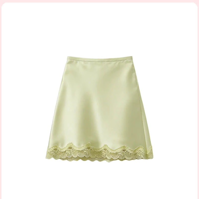 Mint Wave Green Lace Panel Satin A-Line Mini Skirt for Girls—Fresh Summer, Unique Style
