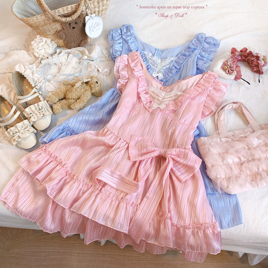 Last-Call Sweet Ruffled Hem Puff-Sleeve Lace Bow Embroidered Pure-Desire Tiered Princess Dress