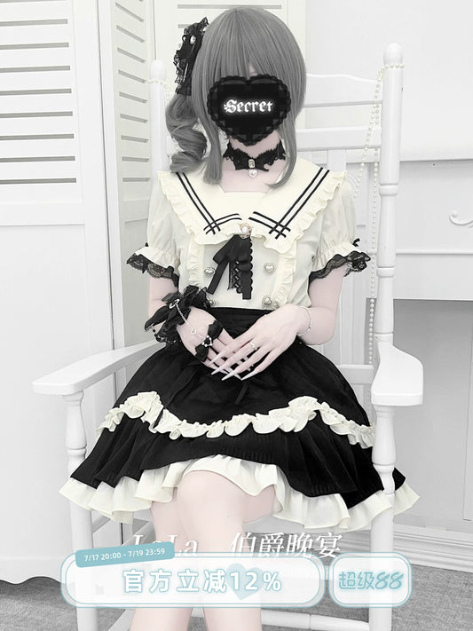 La La Sauce — Earl Grey Evening Banquet Original Design Subculture Mass-Produced Shirt Japanese Retro Slimming Two-Piece Dress Set