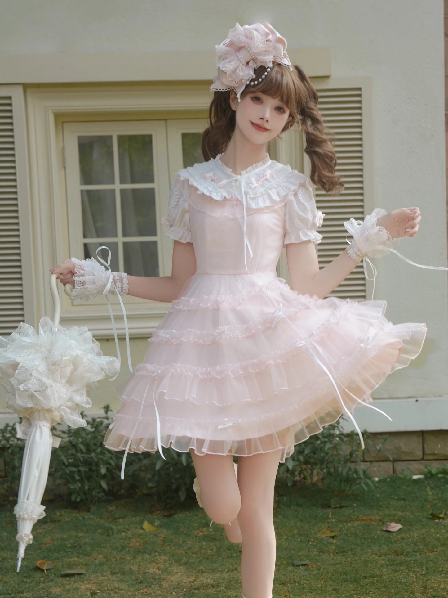LaLa Sauce “Cherry Blossom Qu” Vintage-Inspired Heavy Craftsmanship Cute Doll Collar Dress Sweet Princess Dress Skirt Set