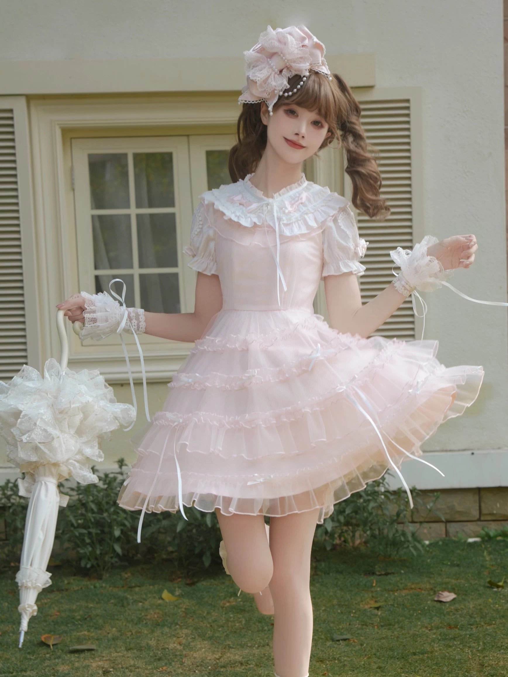 LaLa Sauce “Cherry Blossom Qu” Vintage-Inspired Heavy Craftsmanship Cute Doll Collar Dress Sweet Princess Dress Skirt Set