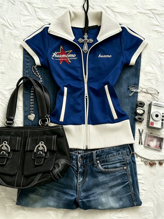 Vintage Blue Slimming Short Trench Jacket for Women, Lapel Collar Spring & Autumn Casual Fashion Outfit