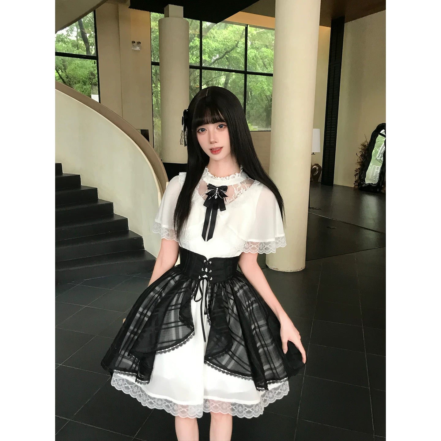 La La Sauce Slushy Mocha Clear-Style Faux Two-Piece Shawl “Princess” Lace Dress Waist-Snatching Overlay Slip Dress Set