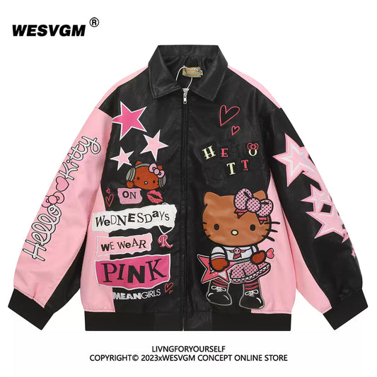 retro KT cat embroidered color-blocked leather jacket