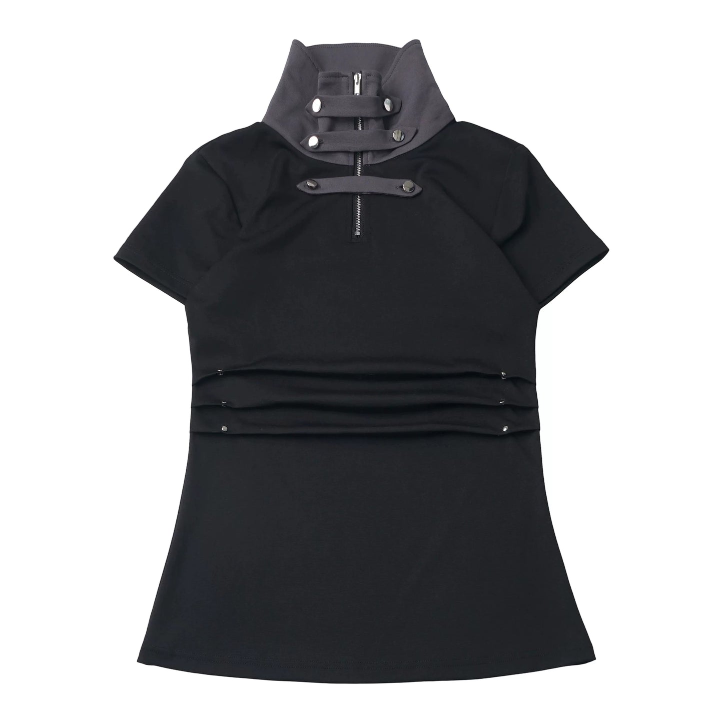 Ready-to-Ship【Grey Tuning】Black-Grey Stand Collar Summer Sleeve Cuffs Short-Sleeve Flared Skirt Waist-Length Slimming Dress for Women
