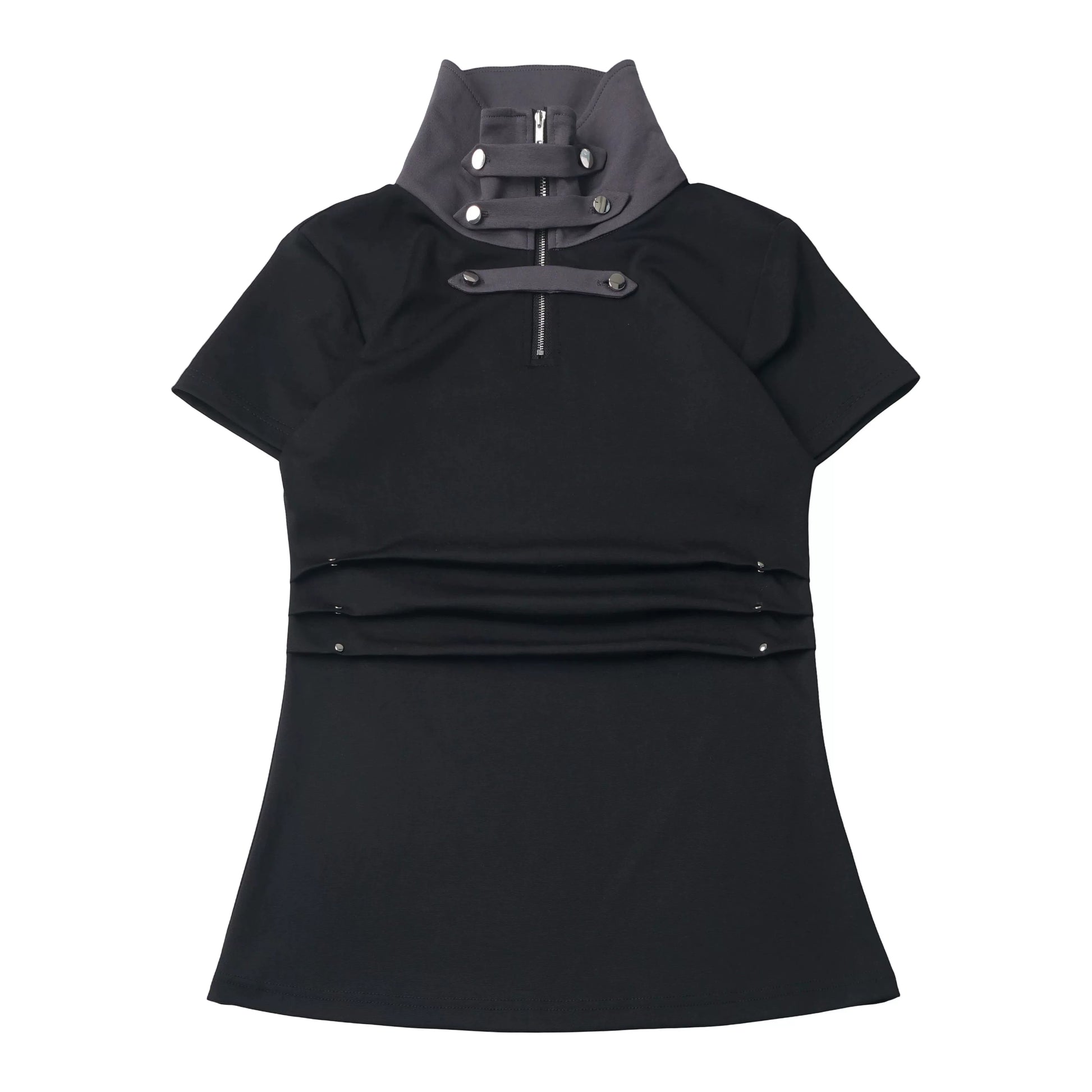 Ready-to-Ship【Grey Tuning】Black-Grey Stand Collar Summer Sleeve Cuffs Short-Sleeve Flared Skirt Waist-Length Slimming Dress for Women