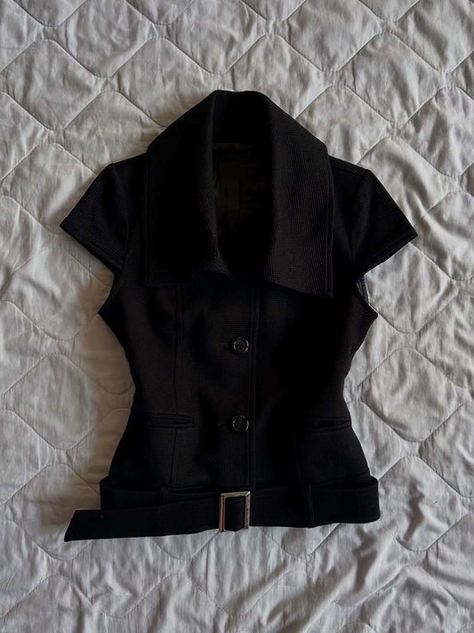 Gothic Rose Original Vintage Black Short-Sleeve Blazer Jacket for Women, Slim Fit Flattering Workwear, Versatile Chanel-Style Top