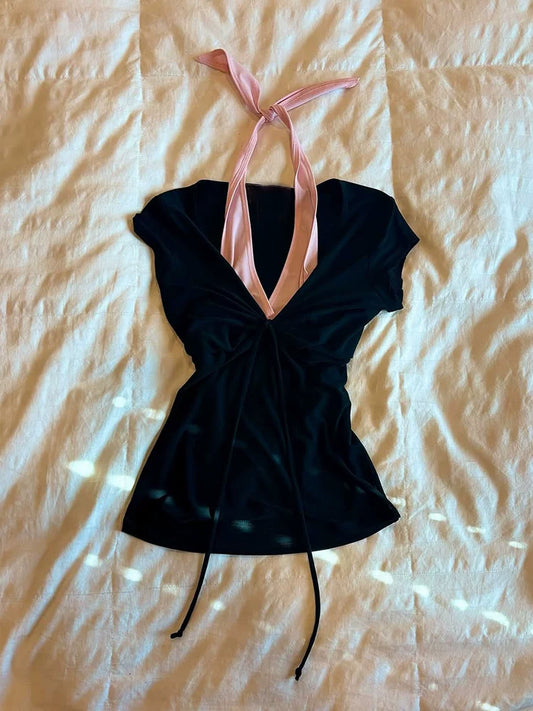 Halter Wrap-Style Two-Piece Look Camisole Top, Vintage-Inspired Waist-Sculpting Slim Fit Black T-Shirt