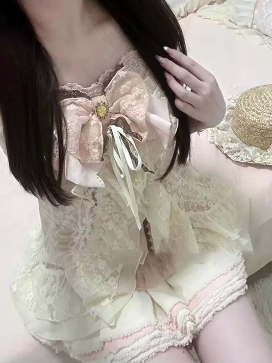 Retro Bow Lace Hollow Coord