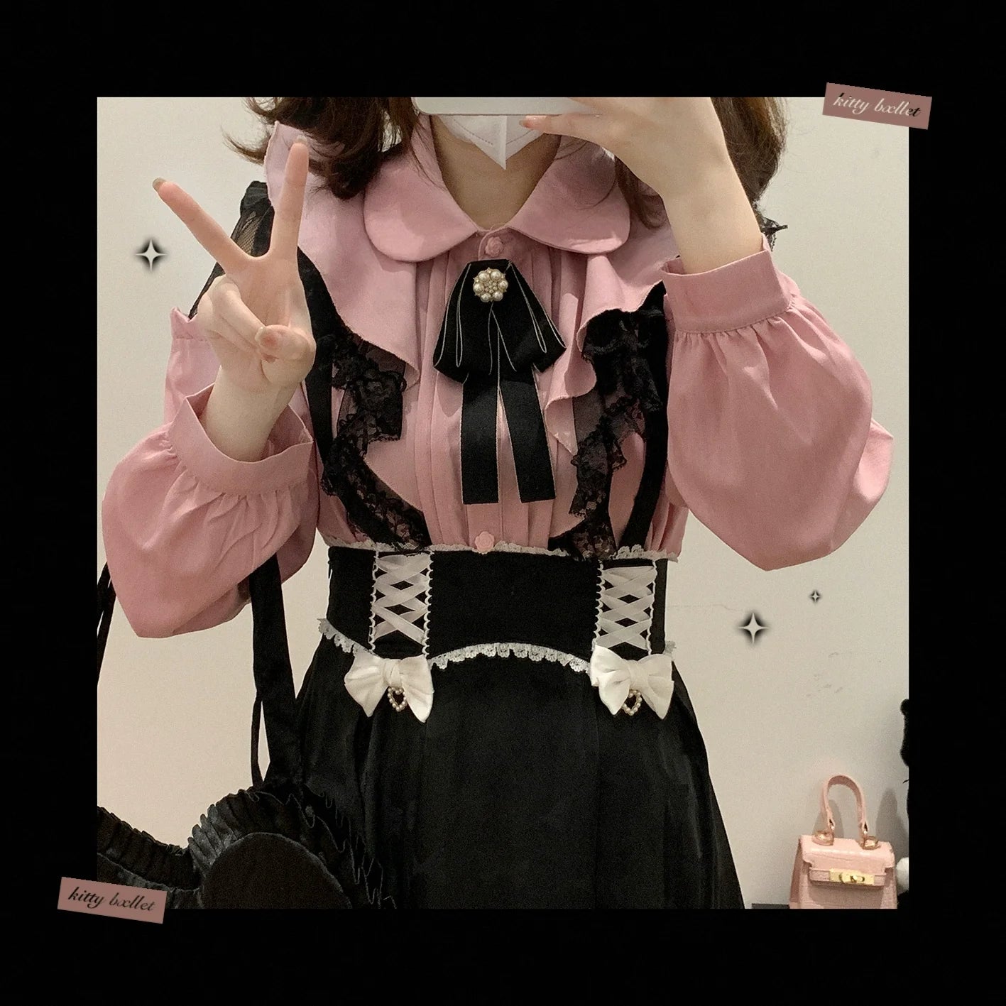 (BFM)KittyBxllet~Kuroneko~Jirai Kei Shoulder Open Ruffle Lace Long Sleeve Blouse
