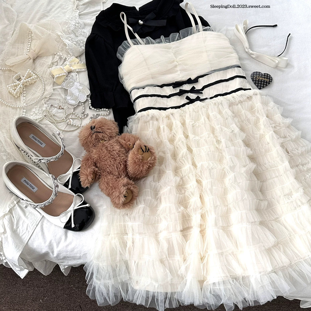Sleepingdoll Handmade Feather Dream Layered Cake Bow Sweetheart Slip Dress Elegant Dress