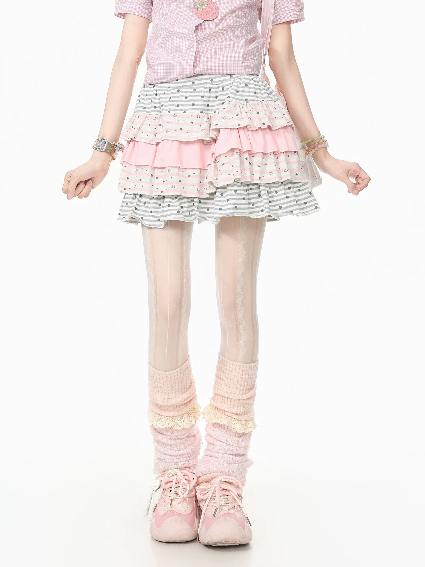 Languid Park Blue Ghost Star Dot Ruffle Cake Skirt Dress (Half Skirt) for Women—Summer Short Skirt