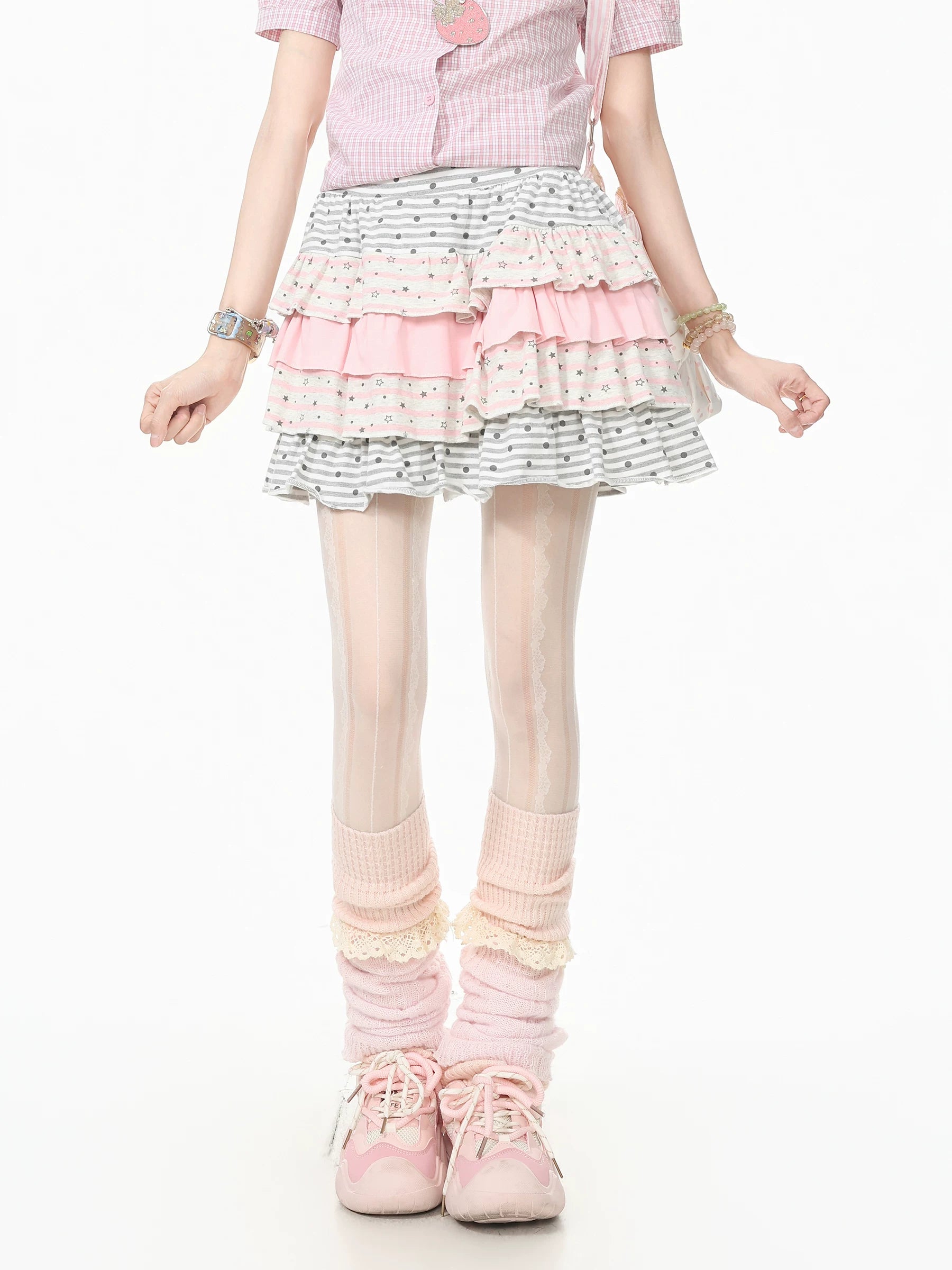 Languid Park Blue Ghost Star Dot Ruffle Cake Skirt Dress (Half Skirt) for Women—Summer Short Skirt