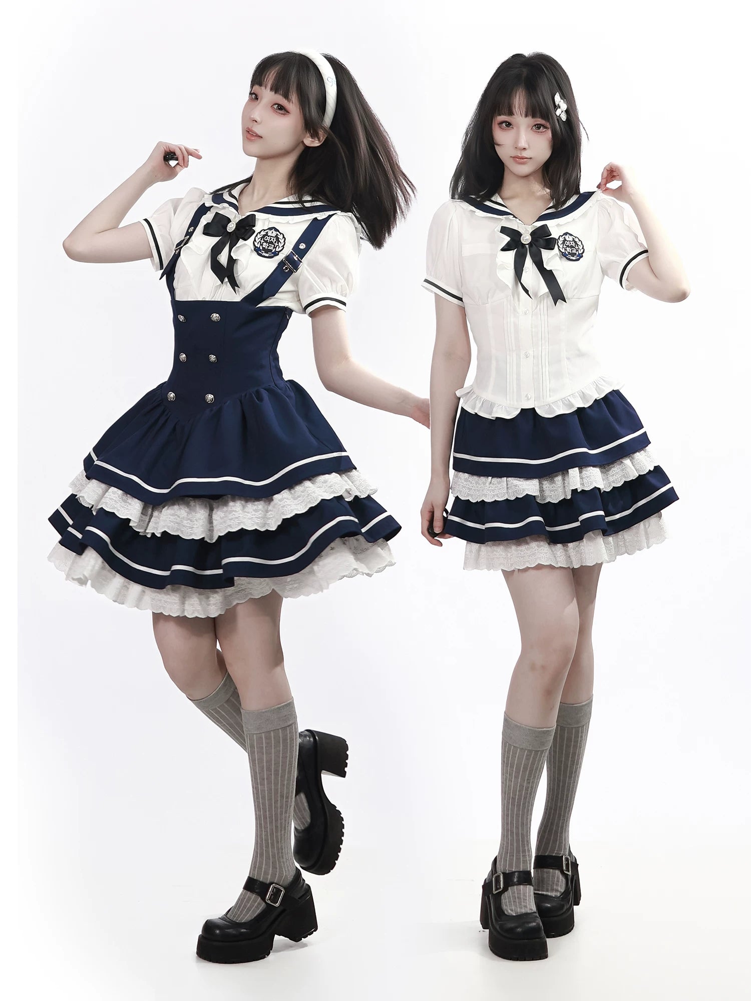In-Stock & Ready to Ship【Chunxi Women】 Korean-Inspired Academy Waist-Tie Lace Bib Dress in Blue & White with Bow Tie