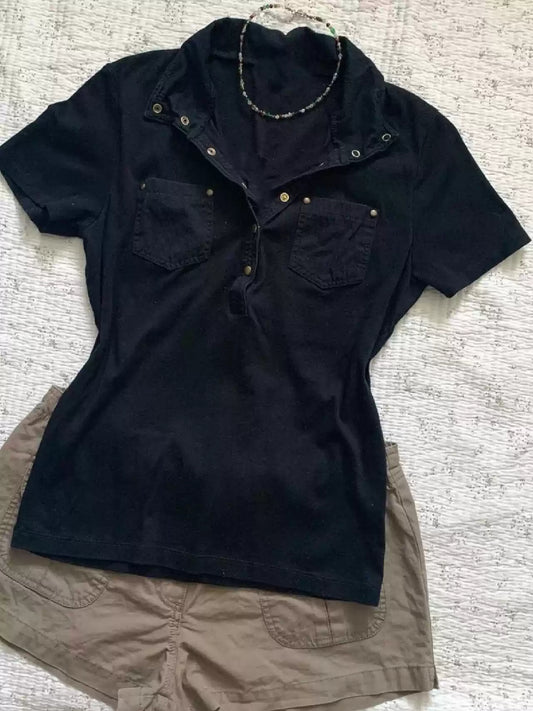 retro black polo collar short-sleeved T-shirt