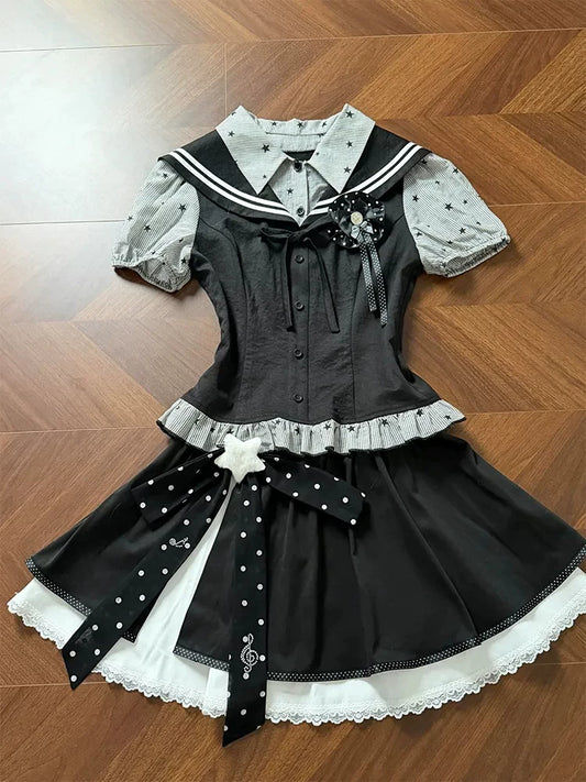 Preppy Navy Collar Fake Two-Piece Star Stripe Short Sleeve Shirt & Mini Skirt Set for Women, Summer 2026 New Arrival