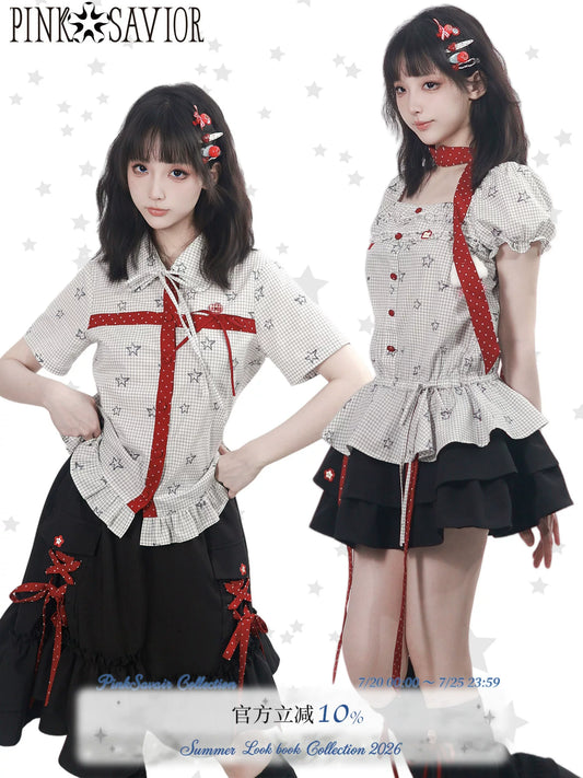 PINKSAVIOR “Crimson Celestial Orbits” Summer Casual Shirt + Irregular Hem Skirt with Tie Design, Chic and Playful for Best Friends