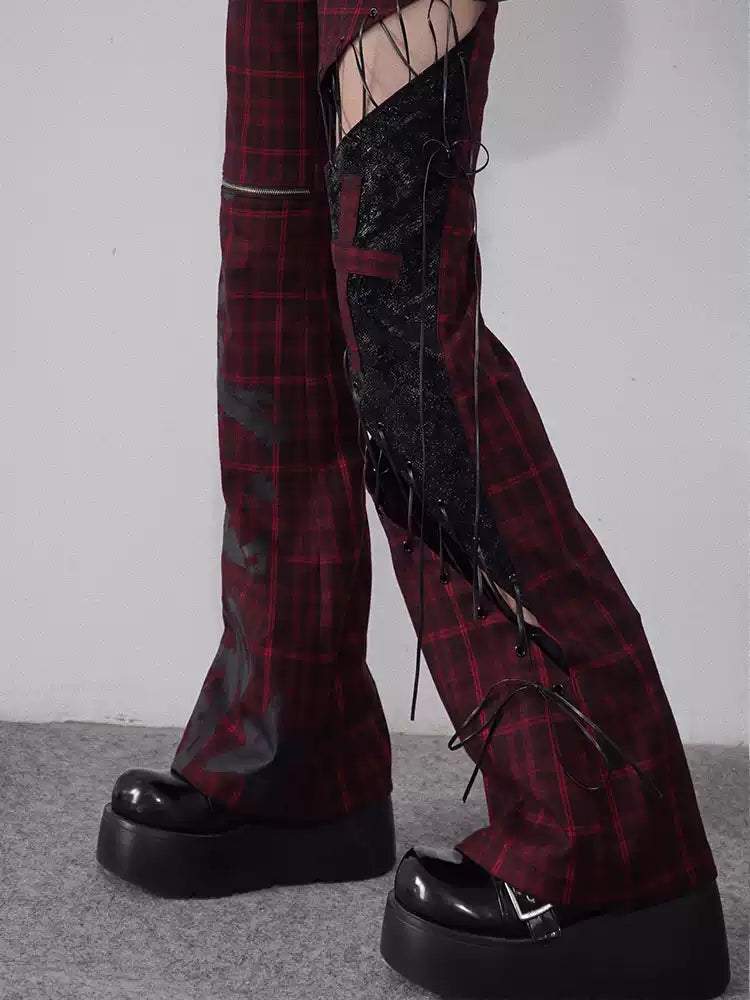 strappy hollow red and black plaid leather trousers