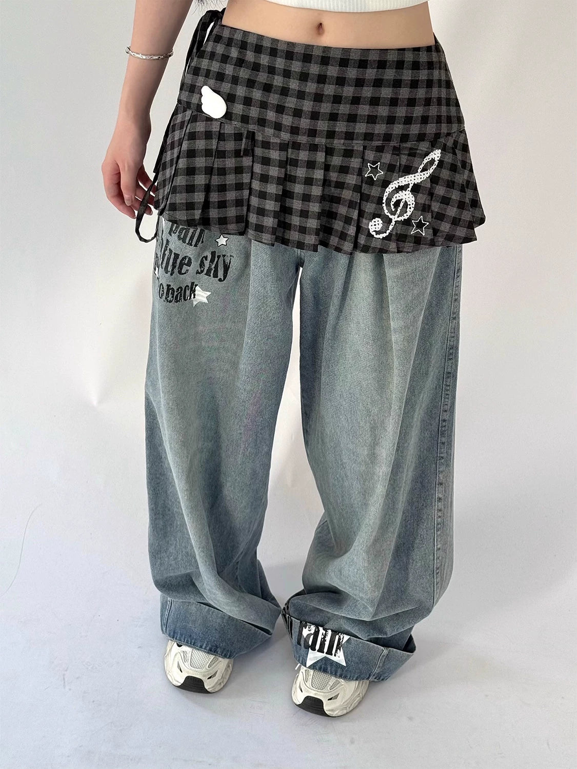 Vintage Plaid Pleated Skirt Layered Ruffle Bib Skirt for Women, Preppy Schoolgirl Style, Lace-Up Short Skirt with Angel Note Mini Bib
