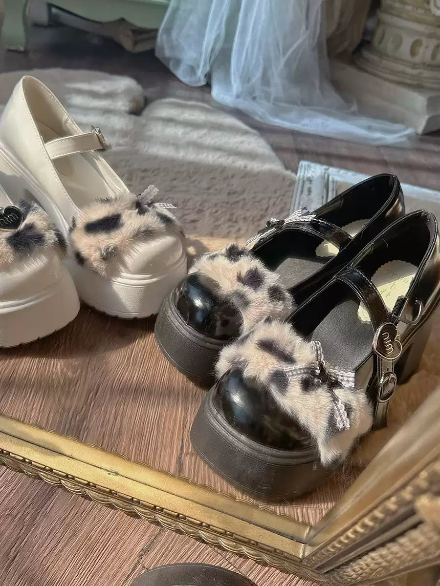 black and white leopard print round toe Mary Jane shoes