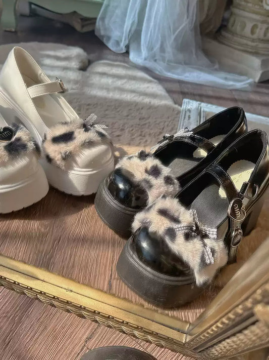 black and white leopard print round toe Mary Jane shoes