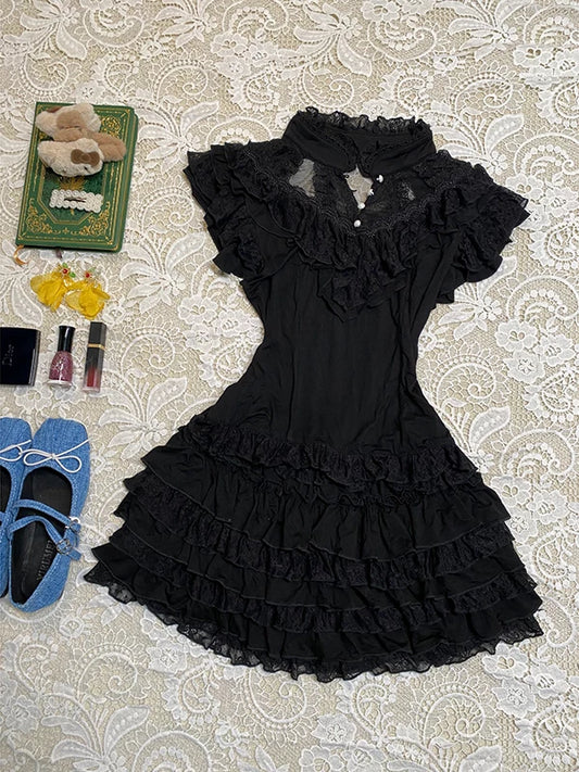 Black Lace Ruffle Stand-Collar Short-Sleeve T-Shirt—Two-Piece Set Dress for Women, Summer’s Super Stunning Look