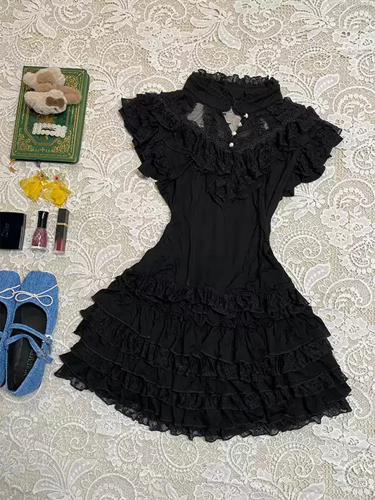 Black lace stand-up collar short-sleeved shirt