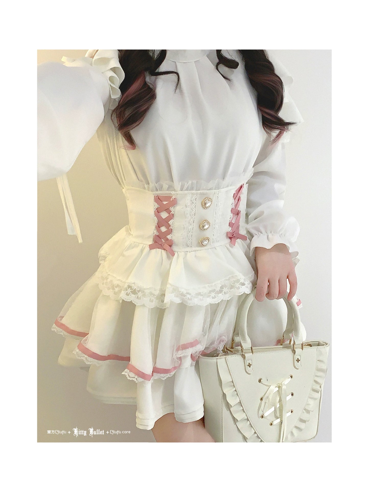KittyBxllet Original “Ribbon Girl” Off-Shoulder Tie-Up Chiffon Top with Lace Trim Ruffles Long Sleeves