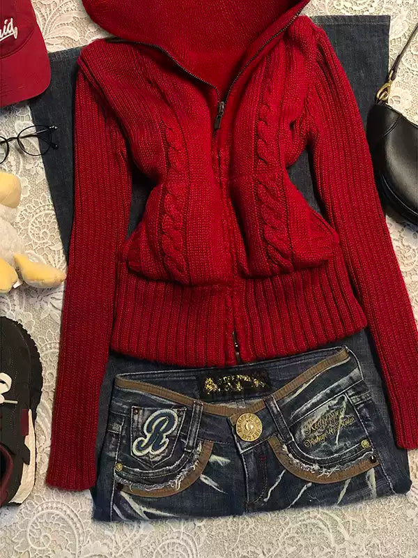 Red hooded knitted cardigan
