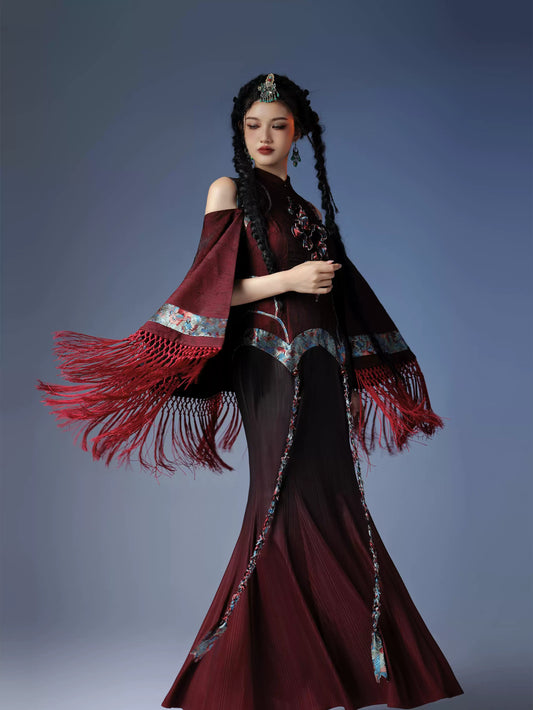 Tassel Cape Rope Embroidered Cheongsam Dress
