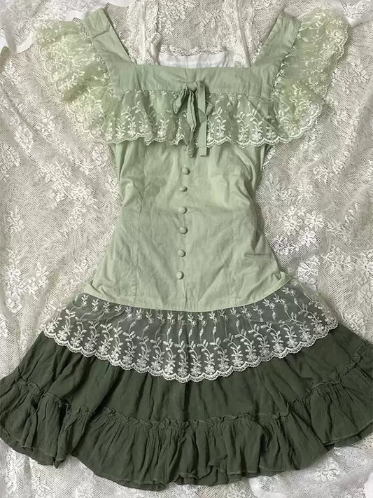 mint green lace patchwork square neck top
