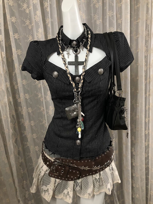 Bamboo-Style Young Maiden Original Y2K Spicy Babe Chic Cinched-Waist Slimming Short-Sleeve Shirt for Summer, Small-Batch Vintage