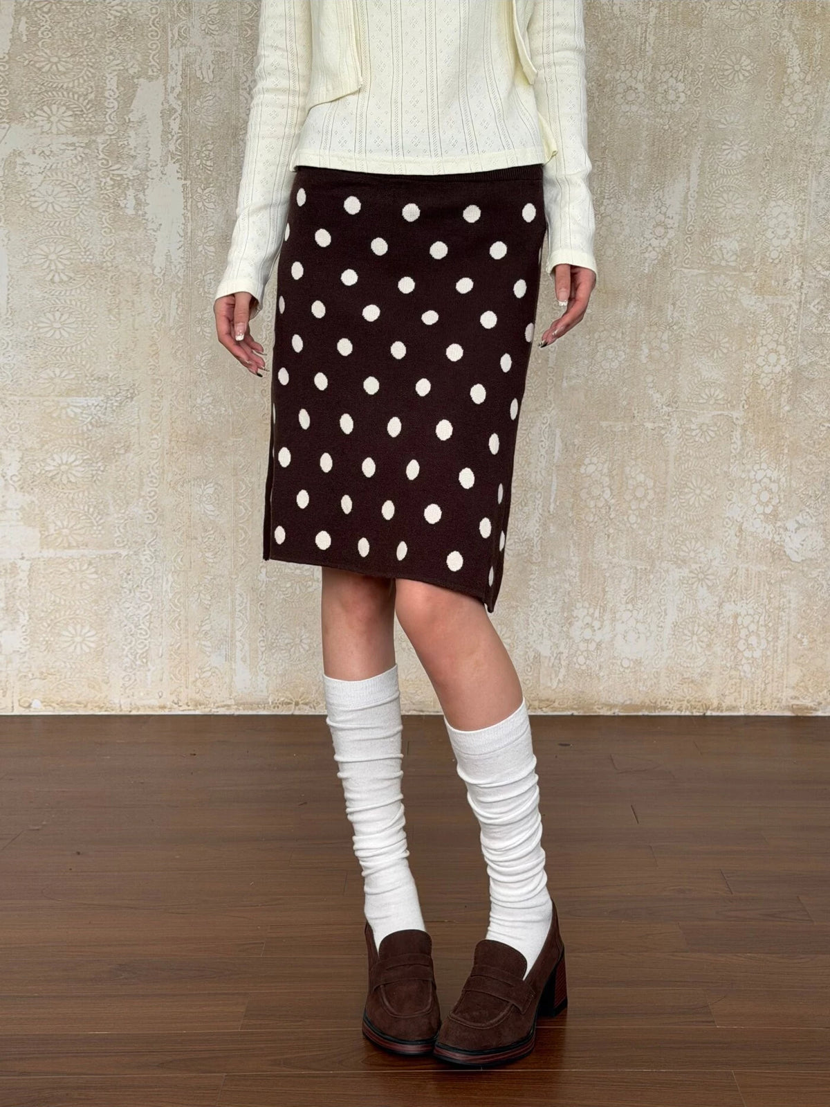 VintageTang French Vintage Polka Dot Knit Skirt, Autumn/Winter Slim-Fit Bodycon Straight Mini Skirt Hao Na 1