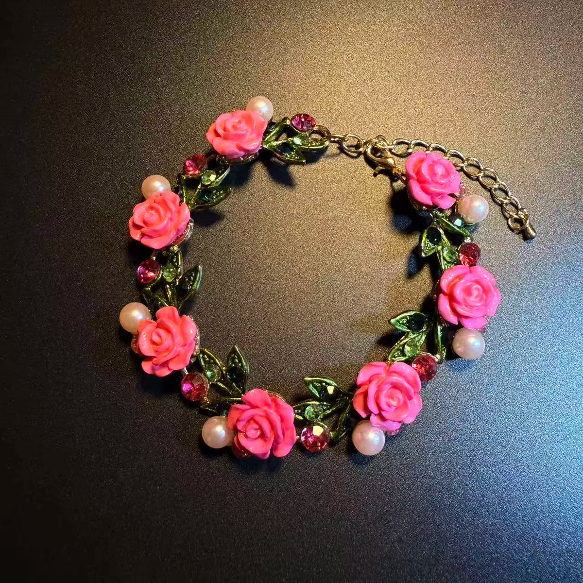 Blooming Olive Vintage Rosy Garland Pink Floral Bracelet - Pink Rose