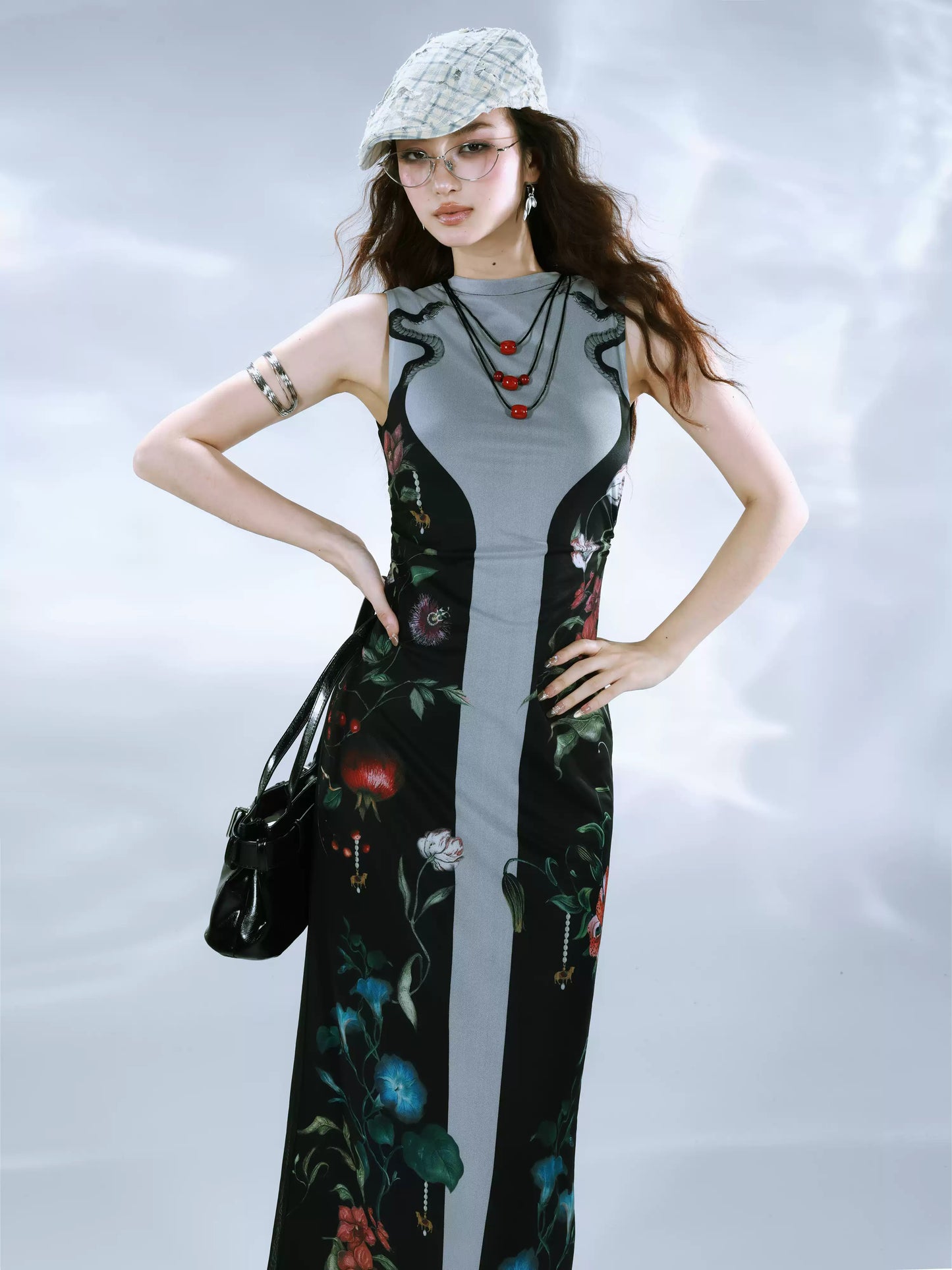 New Chinese Botanical Print Mesh Dress