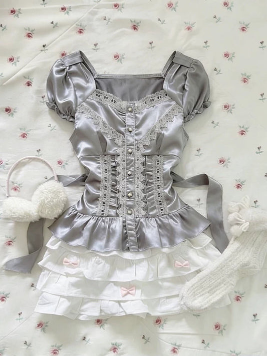 Grey Satin French Vintage Patchwork Lace Short-Sleeve Shirt Top Summer Small-Label Design