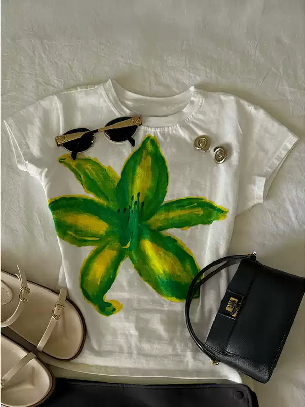 watercolor flower print round neck T-shirt