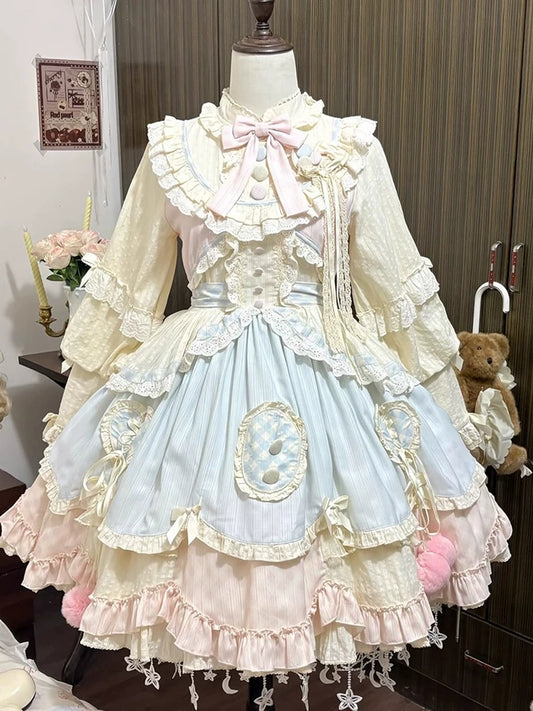 Blue-Pink Cute Sweet Lolita Dress Short Length, Long Sleeve “Lolita” Fluffy Princess Dress Slimming Everyday Outfit