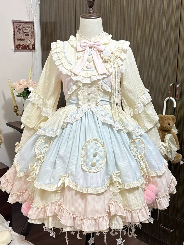 Blue-Pink Cute Sweet Lolita Dress Short Length, Long Sleeve “Lolita” Fluffy Princess Dress Slimming Everyday Outfit