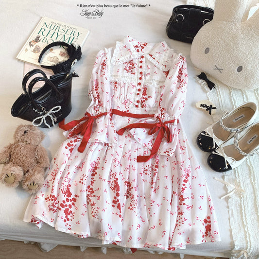 Last-piece LX Tailored-Tag Remnants (Old Style) French Vintage Satin Ribbon Bell-Sleeve Dress with Lace Trim Peter Pan Collar Floral Elegant Dress