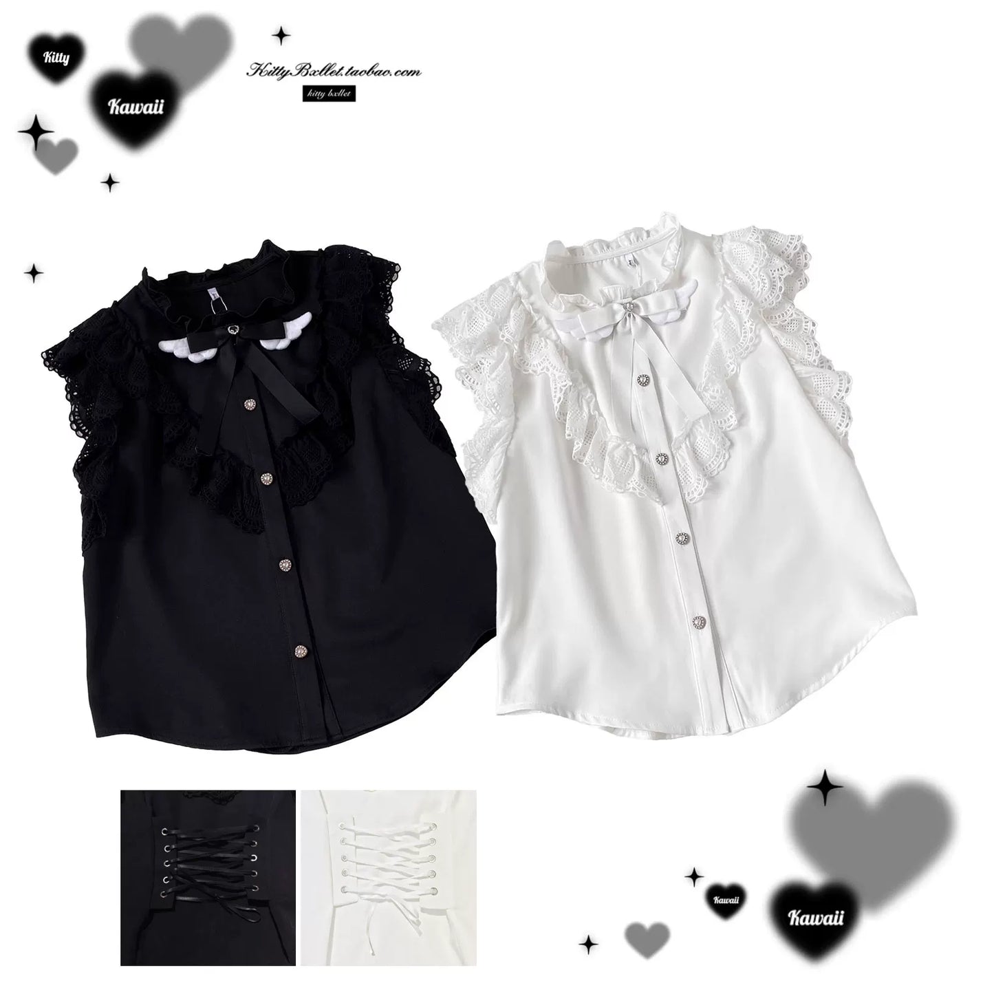 KittyBxllet Original “Girl Fantasy Wonderland” Rara Series—Mass-Produced Lace Sweetheart Mini Stand Collar, Elbow-Length Flutter Sleeves